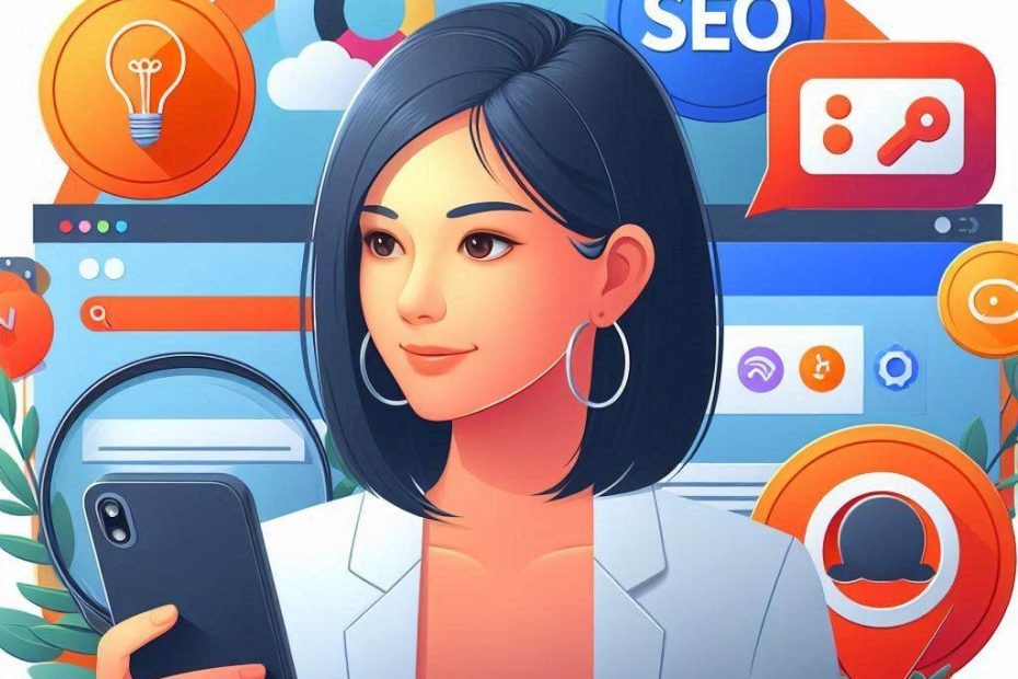 cartoon image of lady with phone and marketing icons in the background